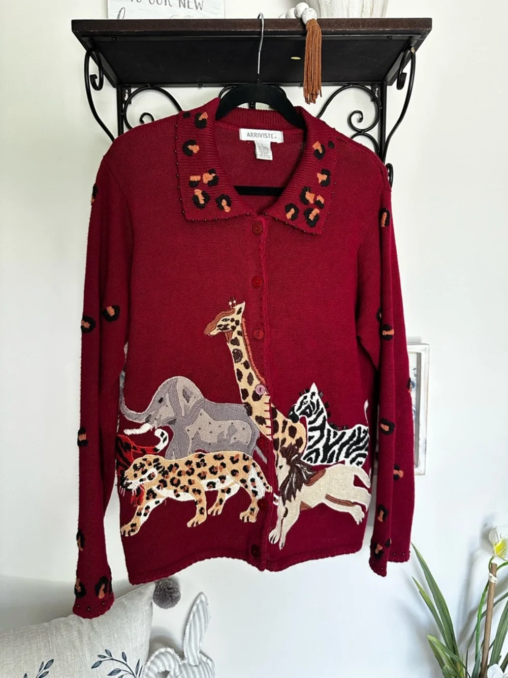 VTG Women's Burgundy Animal-Print Button Cardigan embroidered studded